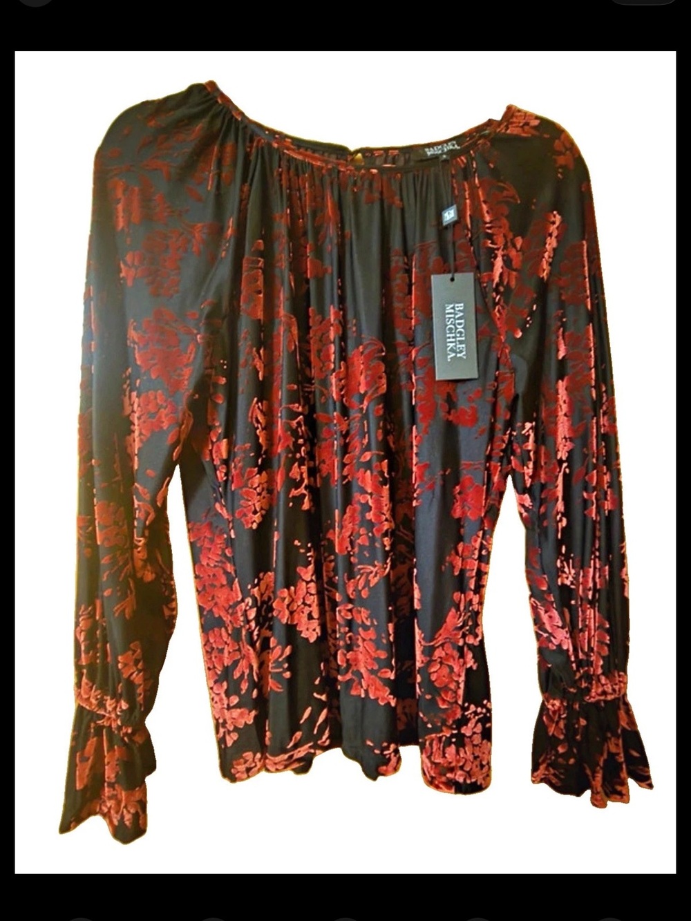 Badgley Mischka Red Velvet Floral Burnout Peasant Blouse NWT Small Holiday